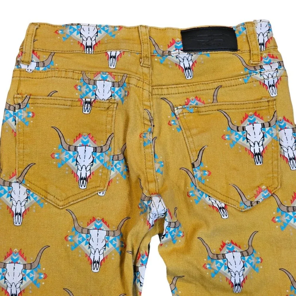 Fallon Taylor Western Steer Skull Jeans Bootcut Flare Mustard‎ Yellow 27 X 32